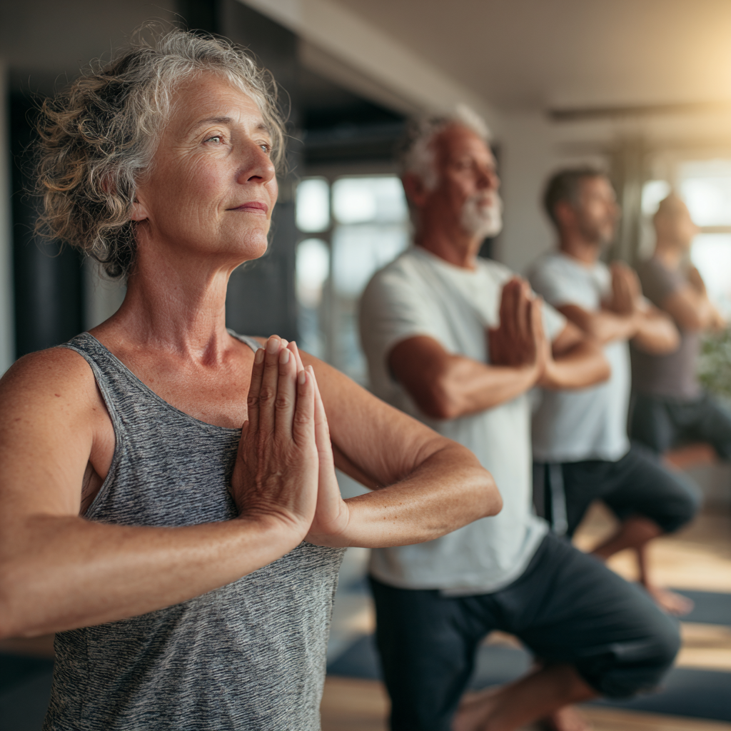 Middle-aged adults practicing yoga poses in natural lighting studio environment